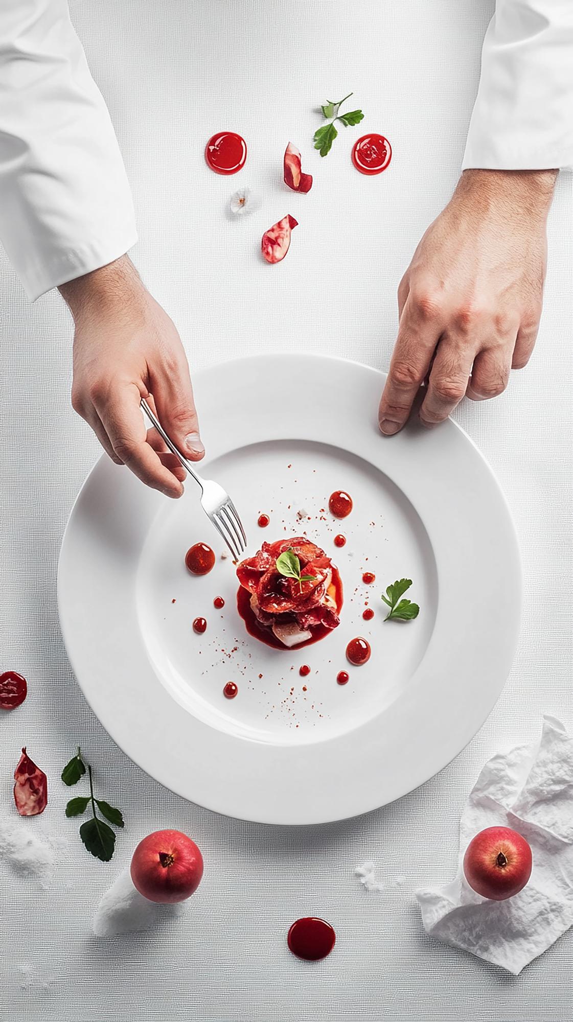 Chef arranging a plated dish on a paper-like surface